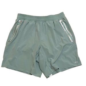 ALO YOGA SHORTS BLUE AGAVE LINING ZIPPER POCKETS SIZE LARGE ATHLETIC WORKOUT